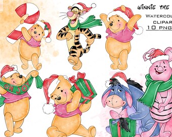 Christmas Winnie the Pooh Watercolor Clipart, Holiday PNG (Digital Download)
