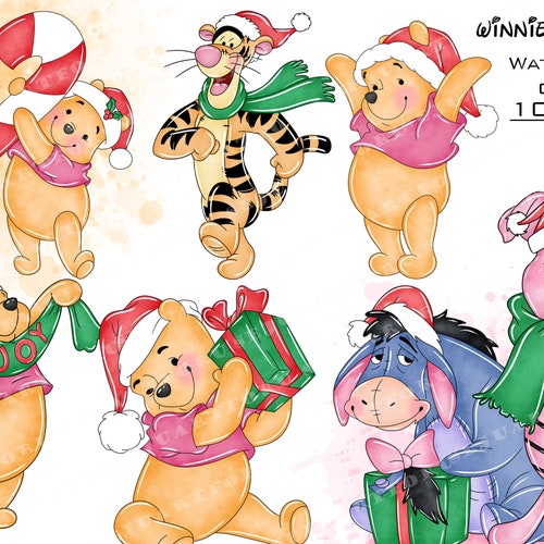 Christmas Winnie the Pooh Watercolor Clipart, Holiday PNG (Digital Download)