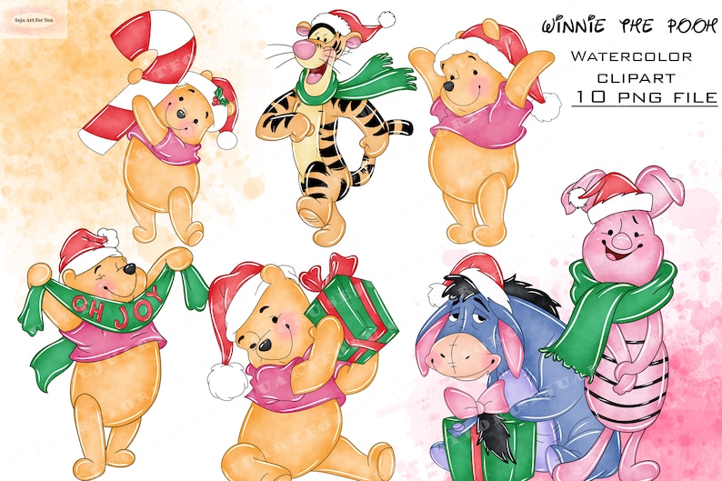 Christmas Winnie the Pooh Watercolor Clipart, Holiday PNG (Digital Download)