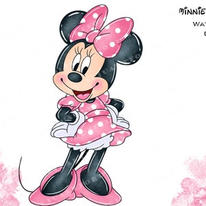 May include: Watercolor clipart of Minnie Mouse in a pink polka dot dress and bow. The image features the text "Minnie Mouse Watercolor Clipart". The character is smiling and wearing pink shoes.