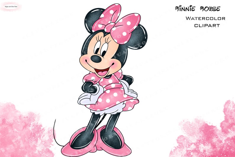 May include: Watercolor clipart of Minnie Mouse in a pink polka dot dress and bow. The image features the text "Minnie Mouse Watercolor Clipart". The character is smiling and wearing pink shoes.