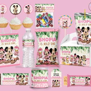pink minnie safari birthday party favors bundle, mickeys safari birthday party labels party package party supplies party bundle pintables