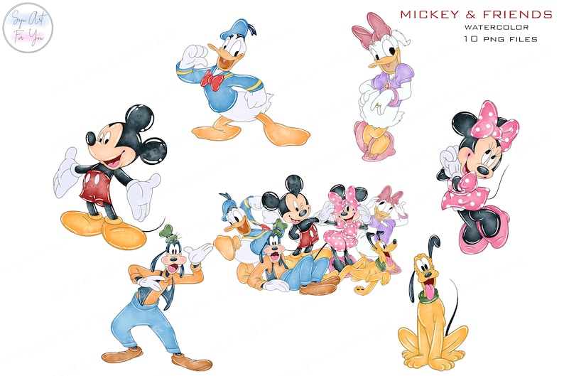 Puede incluir: Ilustraciones de acuarela de Mickey Mouse y sus amigos, incluyendo a Minnie Mouse, Donald Duck, Goofy, Pluto y Daisy Duck. Los personajes se representan en varias poses, con colores brillantes y un estilo caprichoso. La imagen incluye el texto "MICKEY & FRIENDS WATERCOLOR 10 PNG FILES".