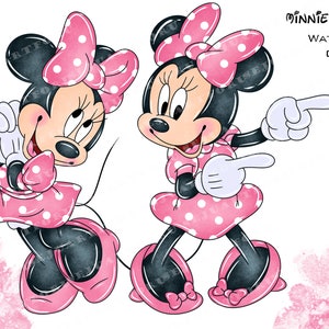 May include: Watercolor clipart of two Minnie Mouse illustrations. Both characters are wearing a pink and white polka dot dress, matching bow, and shoes. The text "MINNIE MOUSE WATERCOLOR CLIPART" is visible in the upper right corner.
