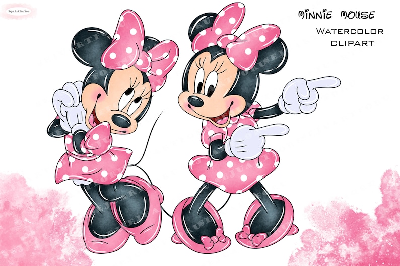 May include: Watercolor clipart of two Minnie Mouse illustrations. Both characters are wearing a pink and white polka dot dress, matching bow, and shoes. The text "MINNIE MOUSE WATERCOLOR CLIPART" is visible in the upper right corner.