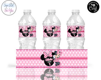 Etiquetas para botellas de agua de cumpleaños de Minnie Mouse, plantilla editable (descarga digital)