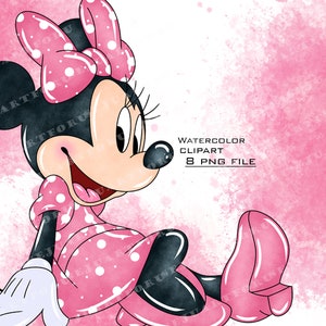 May include: Watercolor illustration of a pink and white polka dot Minnie Mouse with a pink bow. The background is a pink watercolor wash.