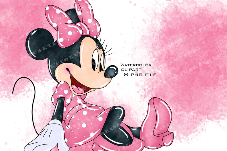 May include: Watercolor illustration of a pink and white polka dot Minnie Mouse with a pink bow. The background is a pink watercolor wash.