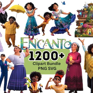 Op de afbeelding: Een digitale collectie van Encanto-personages en een huisillustratie, met de tekst Encanto 1200+ Clipart Bundle PNG SVG. De afbeelding toont diverse geanimeerde figuren in kleurrijke kleding, waaronder jurken, rokken en overhemden, naast een huis met meerdere verdiepingen.