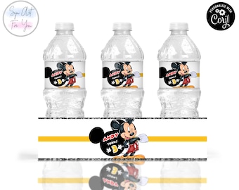 Etykiety na butelki z wodą urodzinową z Myszką Miki, edytowalne (do pobrania cyfrowego)