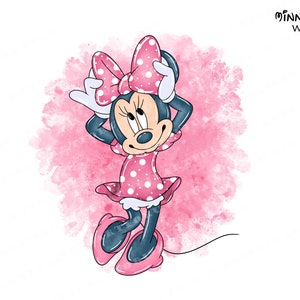 Op de afbeelding: Waterverfillustratie van Minnie Mouse in een roze jurk met stippen en een strik. De afbeelding heeft een roze aquarelachtergrond en de tekst "Minnie Mouse Watercolor Clipart 8 PNG".