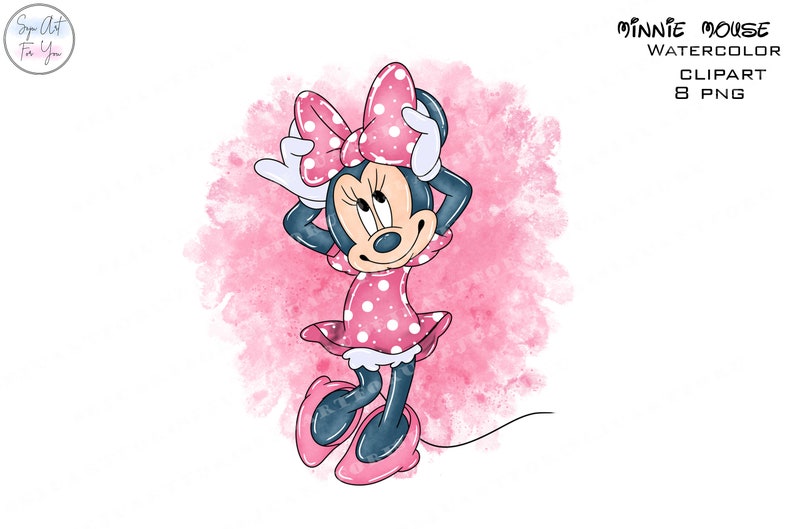 Op de afbeelding: Waterverfillustratie van Minnie Mouse in een roze jurk met stippen en een strik. De afbeelding heeft een roze aquarelachtergrond en de tekst "Minnie Mouse Watercolor Clipart 8 PNG".