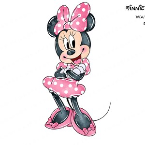 Puede incluir: Ilustraci&oacute;n de acuarela de Minnie Mouse con un vestido rosa de lunares y un lazo. Ella est&aacute; sonriendo y tiene los brazos cruzados. El texto "Minnie Mouse Watercolor Clipart" est&aacute; en la esquina superior derecha.