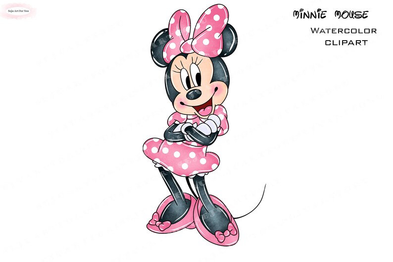 Puede incluir: Ilustraci&oacute;n de acuarela de Minnie Mouse con un vestido rosa de lunares y un lazo. Ella est&aacute; sonriendo y tiene los brazos cruzados. El texto "Minnie Mouse Watercolor Clipart" est&aacute; en la esquina superior derecha.