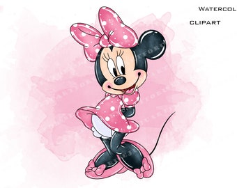 Minnie Mouse Watercolor Clipart, Pink, Commercial Use (PNG)