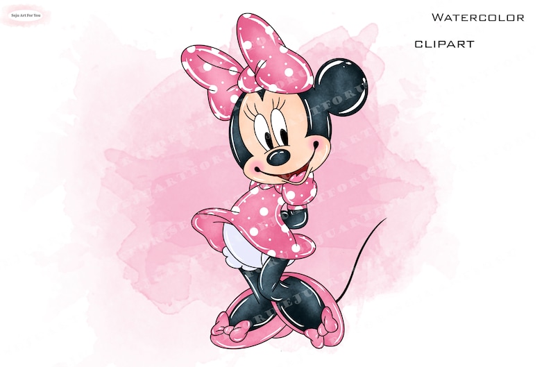 Peut inclure: Illustration aquarelle d'une souris de dessin anim&eacute; portant une robe rose &agrave; pois blancs, un n&oelig;ud rose et des chaussures roses. La souris est debout sur un fond aquarelle rose.