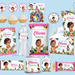 May include: A collection of party supplies featuring a cartoon girl, tropical flowers, and the text "Olivia Turns One." Includes cupcake toppers, a bag, water bottle, chip bag, juice box, favor box, candy, lollipop, and candy bar.