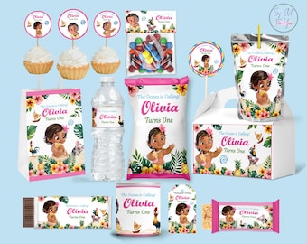 Recuerdos, etiquetas y suministros para fiesta de cumpleaños de Baby Moana (archivo digital)