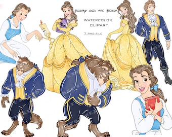May include: Watercolor clipart featuring characters from the Disney movie Beauty and the Beast. The image includes Belle, Beast, Prince Adam, and Gaston. The characters are depicted in various poses, including Belle holding a book, Beast with a rose, Prince Adam in a blue suit, and Gaston in a red suit. The image is set against a white background.