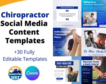May include: A collection of social media content templates for chiropractors. The templates include text such as "Chiropractor Social Media Content Templates" and "+30 Fully Editable Templates". The templates are in shades of blue and white.