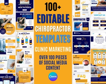May include: A collage of 100+ editable social media templates for chiropractors. The templates feature a yellow and blue color scheme with text that says "100+ Editable Chiropractor Templates" and "Clinic Marketing".
