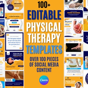 Könnte beinhalten: Eine gelbe und blaue Grafikvorlage für soziale Medien mit dem Text "100+ Bearbeitbare Physiotherapie-Vorlagen" und "Über 100 Teile Social-Media-Inhalte". Die Vorlage ist für Physiotherapeuten konzipiert und enthält Bilder von Menschen, die Physiotherapie erhalten.