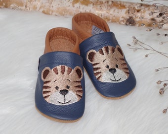 Lederpuschen, Krabbelschuhe, Babyschuhe, Hausschuhe | Tiger | bestickt, personalisierbar mit Namen | für Babys und Kinder