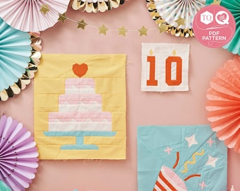 Bloki FPP na urodziny, patchwork z papieru podkładowego, świętowanie, patchwork i pikowanie miłosne, cyfrowy wzór na kołdrę, szablony, natychmiastowe pobieranie