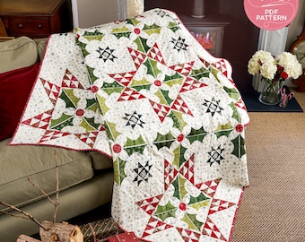 Jolly Holly Christmas quilt, Digital Quilting Pattern, HST & Appliqué Quilt, Today’s Quilter magazine, Lynne Goldsworthy, Instant Download