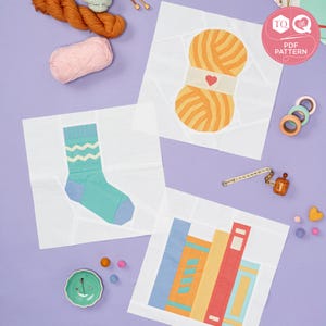 Puede incluir: Tres cuadrados blancos con diferentes ilustraciones coloridas. El primer cuadrado muestra un calcetín azul con un patrón de zigzag blanco. El segundo cuadrado muestra una bola de hilo amarilla con un corazón rojo en una etiqueta blanca. El tercer cuadrado muestra una pila de libros coloridos.  TQ Love PDF Pattern.