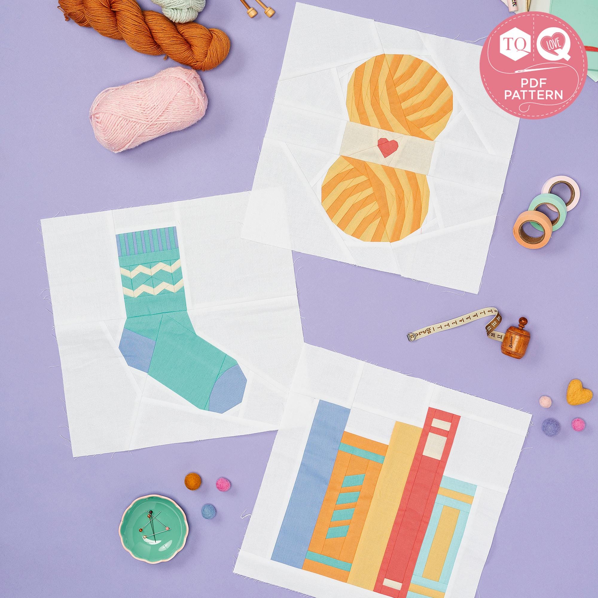 Cosy FPP Blocks, Sewing Pattern, Yarn, Sock, Books Quilt Block ...