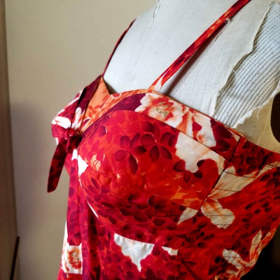 1950s Unlabeled Cotton Hawaiian Orange & Tan Floral Print Dress
