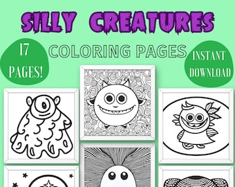Puede incluir: Un conjunto de 17 páginas para colorear con criaturas divertidas. Las páginas son en blanco y negro y presentan una variedad de criaturas con diferentes expresiones y características. El texto "Silly Creatures" y "17 Pages!" está en la parte superior de la imagen. El texto "Descarga instantánea" está en un círculo en la parte superior derecha de la imagen.