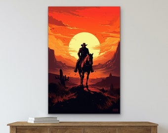 Cowboy Sunset Silhouette Art Print, Western Horseback Rider Wall Decor ...
