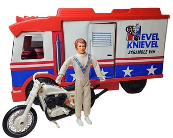 VINTAGE 1973- Ideal Toys "Evel Knievel" Scramble Van w/ Action Figure & Stunt Cycle