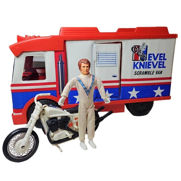 VINTAGE 1973- Ideaal speelgoed "Evel Knievel" Scramble Van met actiefiguur en stuntcyclus