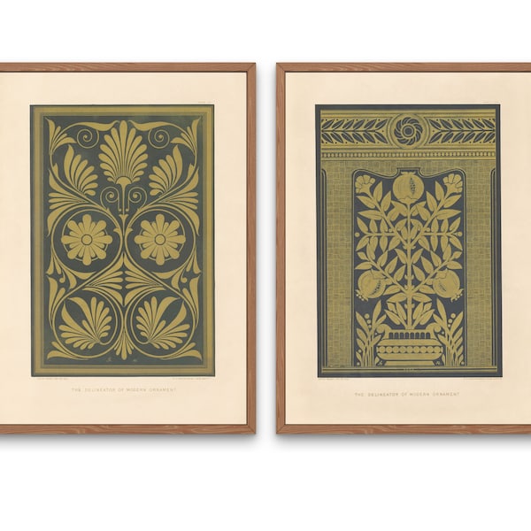 Set of 2 Prints, Art Nouveau Florals, Vintage Art, Antique Gold Prints, 19th Century, Digital Print, Printable, Office Decor, Wall Art Decor