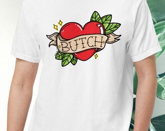 Wit Butch Heart-shirt, zacht Butch-grafisch T-shirt, Queer Lesbian Pride T-shirt, WLW LGBTQ-shirt, Masc Heart-ontwerp
