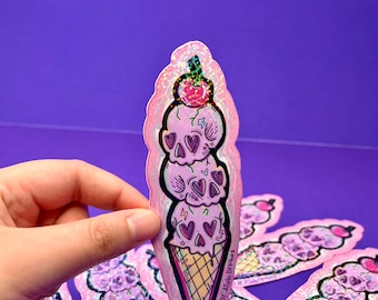 Holographic Skull Ice Cream Sticker, Spooky Cute Goth Vinyl Decal, Alt Aesthetic Laptop Water Bottle Sticker, Summerween Gift
