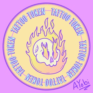 May include: A yellow circle with the text "Tattoo Token" repeated around the edge. Inside the circle is a white skull with flames around it. The text "A Yobi" is written in purple at the bottom right.