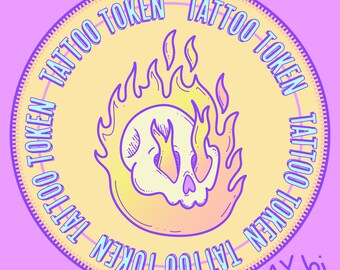 Puede incluir: Un círculo amarillo con el texto "Tattoo Token" repetido alrededor del borde. Dentro del círculo hay una calavera blanca con llamas alrededor. El texto "A Yobi" está escrito en morado en la parte inferior derecha.