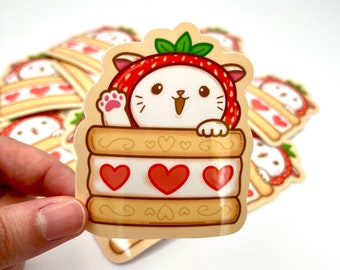 Kawaii Strawberry Cookie Cat Sticker, Cute Dessert Cat Vinyl Sticker, Fruit Sandwich Cat Aesthetic, Pastel Food Animal Sticker