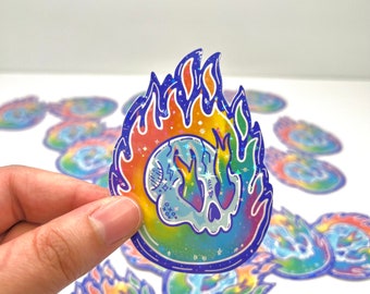 Holographic Rainbow Skull Sticker, Subtle Gay Pride Flame Sticker, Queer Alt Grunge Vinyl Sticker, Edgy Aesthetic Laptop Water Bottle Decal
