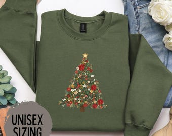 Christmas Tree Shirt, Holiday Tee Xmas, Tis the Season Women's Floral Trending Christmas Shirt Botanical Tree Sweatshirt