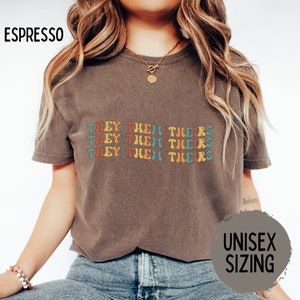 May include: Espresso-colored t-shirt with the text "THEY/THEM/THEIRS" in a retro font. The shirt has a unisex sizing label. The text is in shades of blue, orange, and yellow. The shirt is a casual wear item.