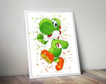 Yoshi watercolor print, giclee Yoshi , supermario poster for nursery room