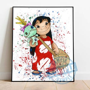 Lilo print watercolor, lilo and stitch poster, stitch giclee for nursary decor
