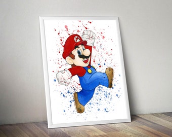 Mario watercolor print, giclee Mario , supermario poster for nursery room