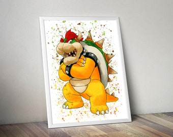 King Bowser Aquarell Druck, Supermario Poster fürs Kinderzimmer, Giclee Bowser