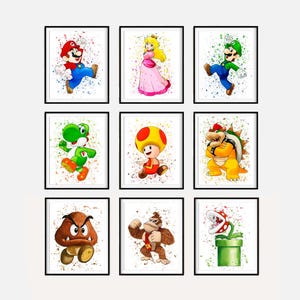 Set super mario print, mario watercolor art poster for kids room wall decor